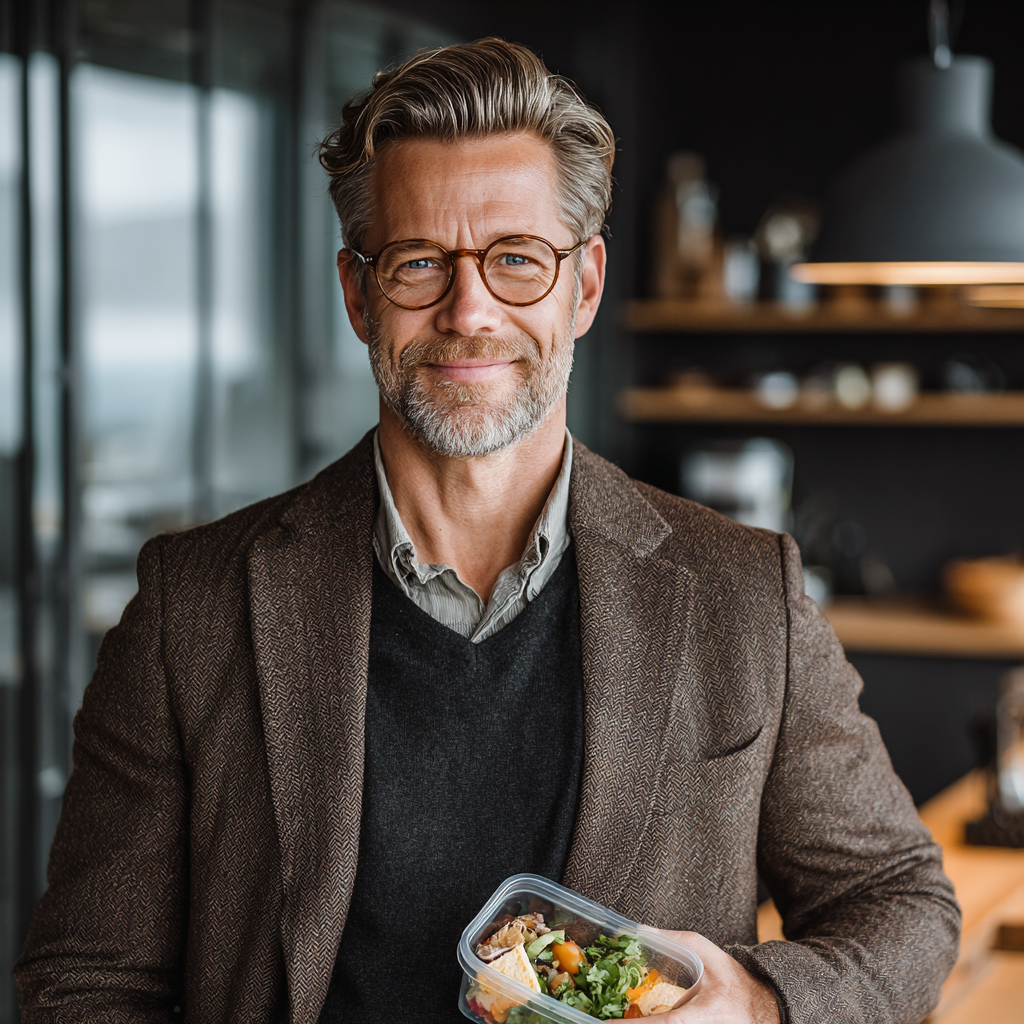Confident middle-aged man around 45 years old in business casual attire standing in a modern office kitchen, holding a healthy lunch container and smiling, representing successful nutrition planning for busy professionals