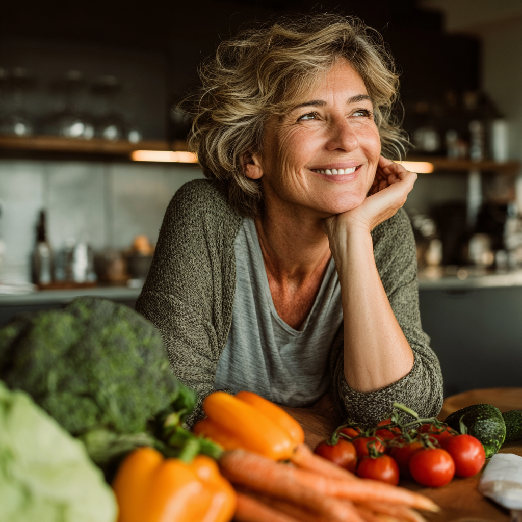Happy middle-aged woman in her early 50s sitting at a kitchen table with fresh vegetables and fruits, smiling while planning her healthy meals, wearing casual clothing in a bright modern kitchen